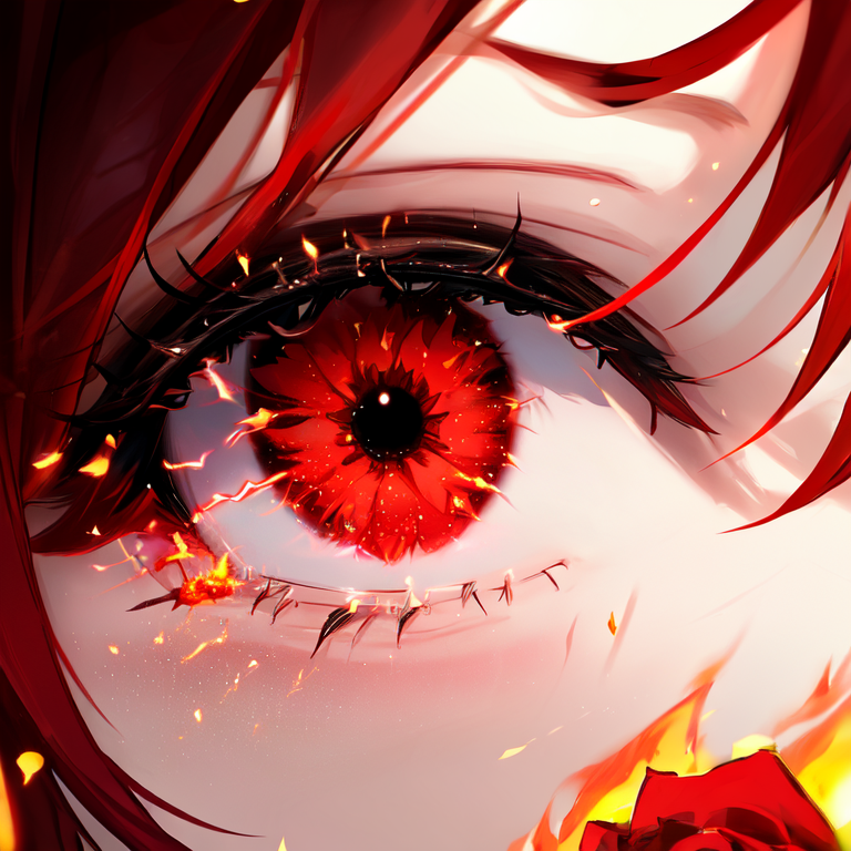 sle, 1girl, solo, looking_at_viewer, bangs, red_hair, eyelashes, light_particles, close-up, reflection, red eye, eye_focus...